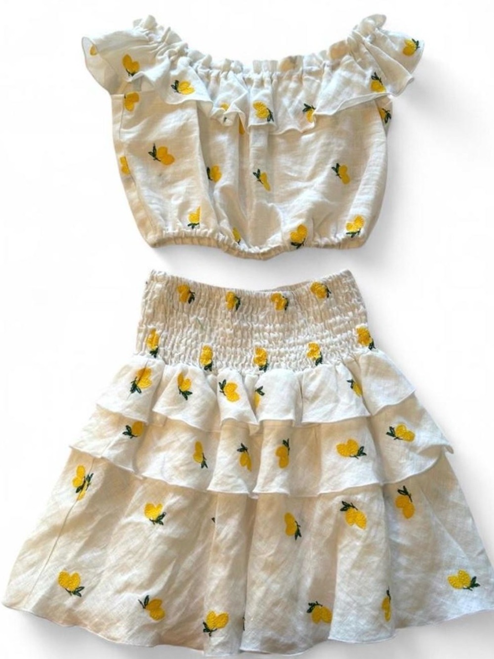 Dea Positano 100% Linen Girls 7/8 Embroidered Lemon 2-Piece Set Made In Italy